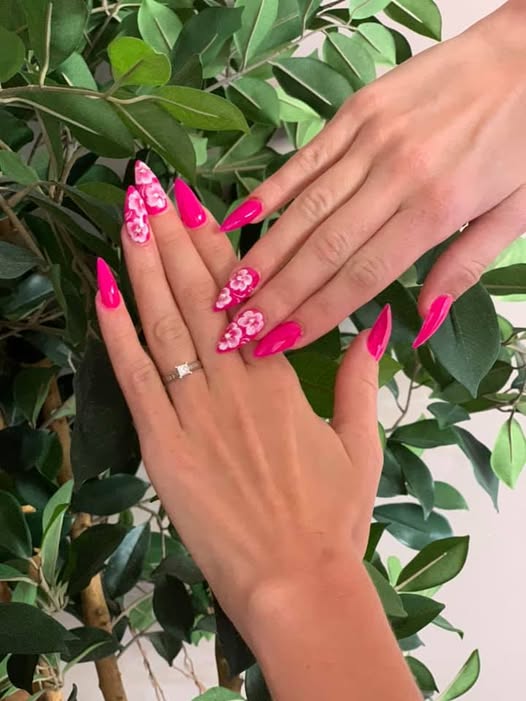 Floral Fuchsia Stiletto Nails