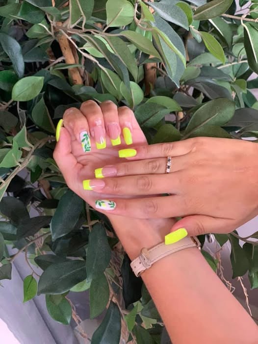 Neon Yellow Leaf Art Nails